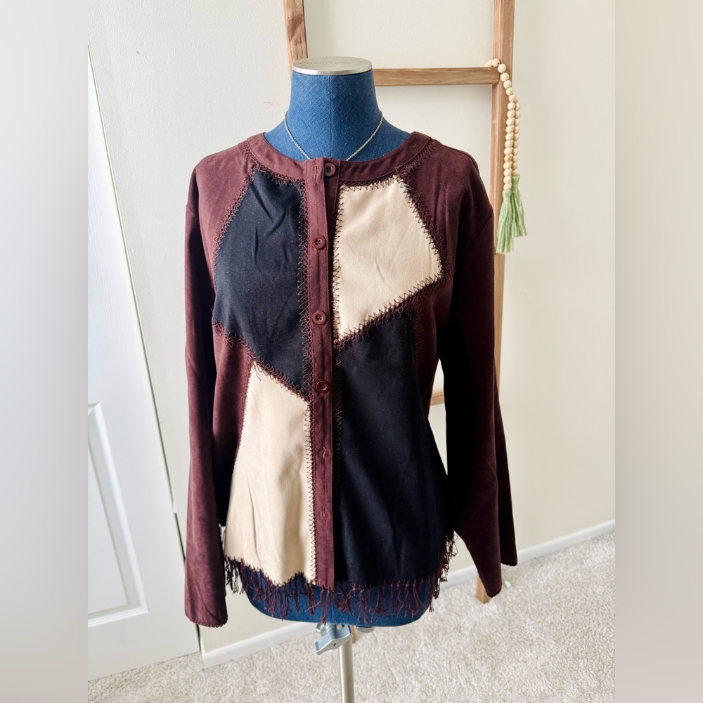 VTG Canyon Road Fringed Faux Suede Patchwork Southwestern Button Down Size 2x